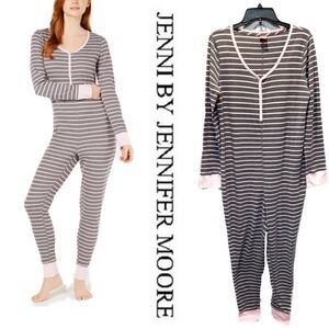 Jenni by Jennifer Moore Thermal 1 Piece Union Suit Pajamas Gray/Pink Str…
